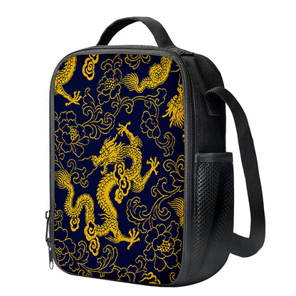 Gold Japanese Dragon Pattern Print Crossbody Lunch Bag