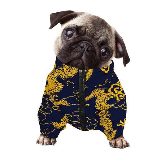 Gold Japanese Dragon Pattern Print Dog Zip Up Jacket