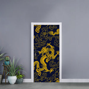 Gold Japanese Dragon Pattern Print Door Sticker