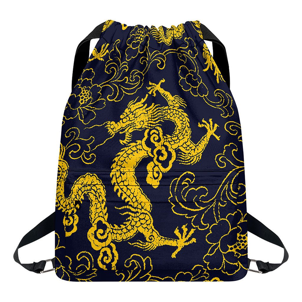 Gold Japanese Dragon Pattern Print Drawstring Backpack