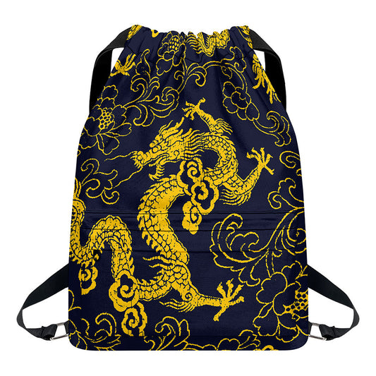 Gold Japanese Dragon Pattern Print Drawstring Backpack