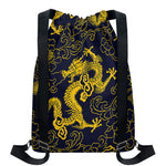 Gold Japanese Dragon Pattern Print Drawstring Backpack