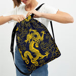 Gold Japanese Dragon Pattern Print Drawstring Backpack