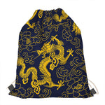 Gold Japanese Dragon Pattern Print Drawstring Bag