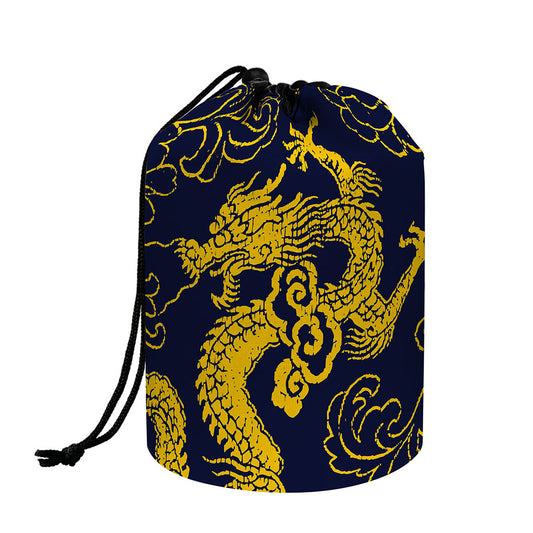 Gold Japanese Dragon Pattern Print Drawstring Makeup Bag