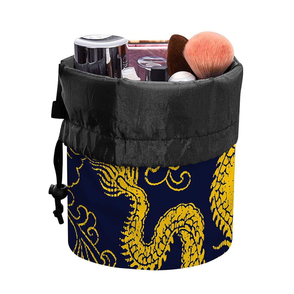 Gold Japanese Dragon Pattern Print Drawstring Makeup Bag