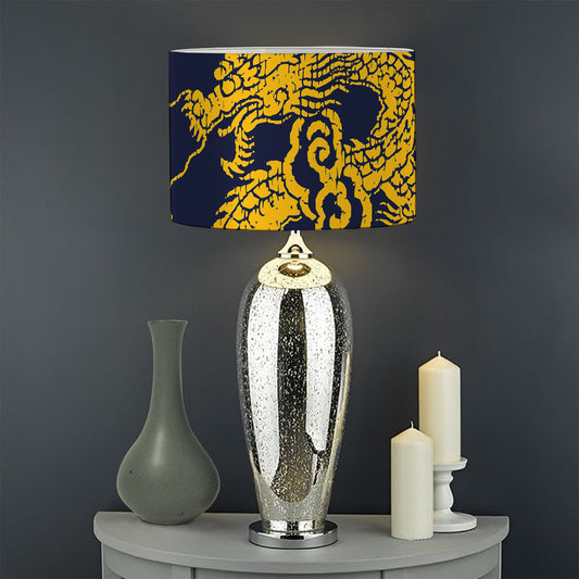 Gold Japanese Dragon Pattern Print Drum Lamp Shade