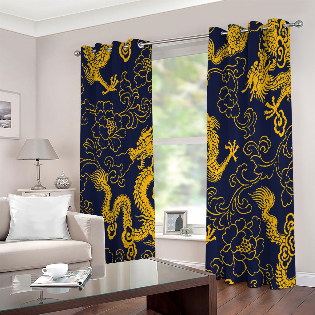 Gold Japanese Dragon Pattern Print Extra Wide Grommet Curtains