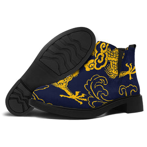 Gold Japanese Dragon Pattern Print Flat Ankle Boots