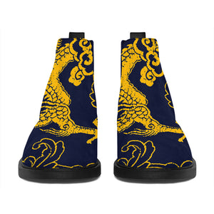 Gold Japanese Dragon Pattern Print Flat Ankle Boots