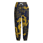 Gold Japanese Dragon Pattern Print Fleece Lined Knit Pants