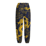 Gold Japanese Dragon Pattern Print Fleece Lined Knit Pants