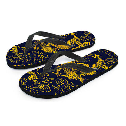 Gold Japanese Dragon Pattern Print Flip Flops