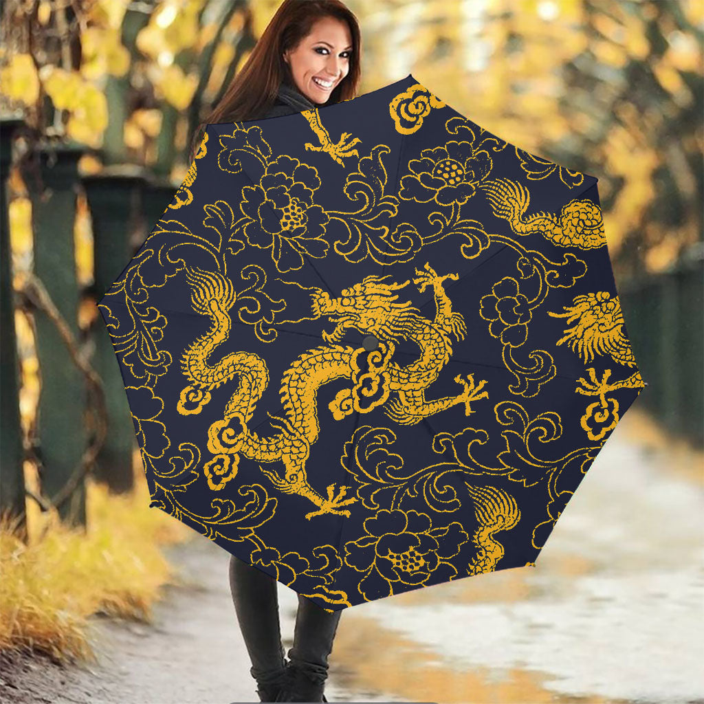 Gold Japanese Dragon Pattern Print Foldable Umbrella