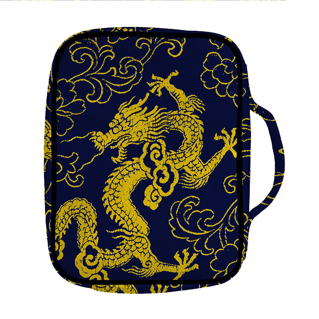 Gold Japanese Dragon Pattern Print Front Pocket Bible Bag