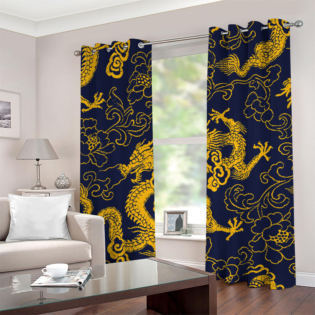 Gold Japanese Dragon Pattern Print Grommet Curtains