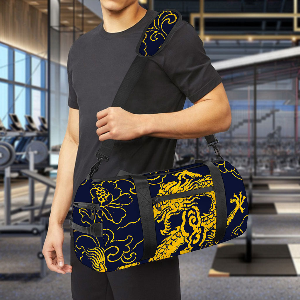 Gold Japanese Dragon Pattern Print Gym Bag
