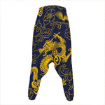 Gold Japanese Dragon Pattern Print Hammer Pants