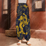 Gold Japanese Dragon Pattern Print Harem Pants