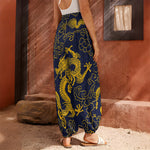 Gold Japanese Dragon Pattern Print Harem Pants