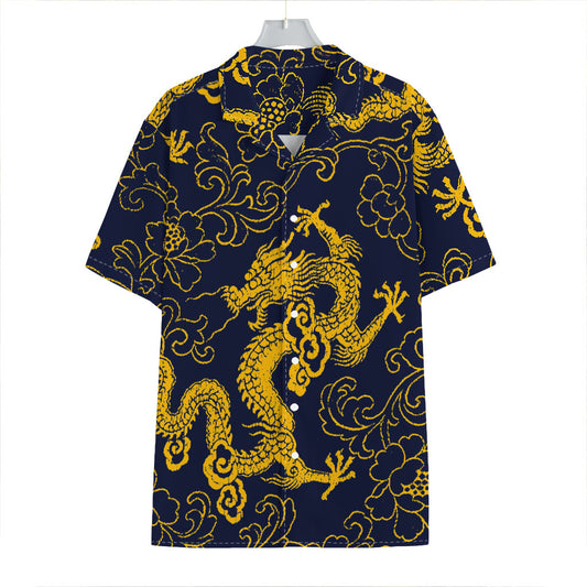 Gold Japanese Dragon Pattern Print Hawaiian Shirt