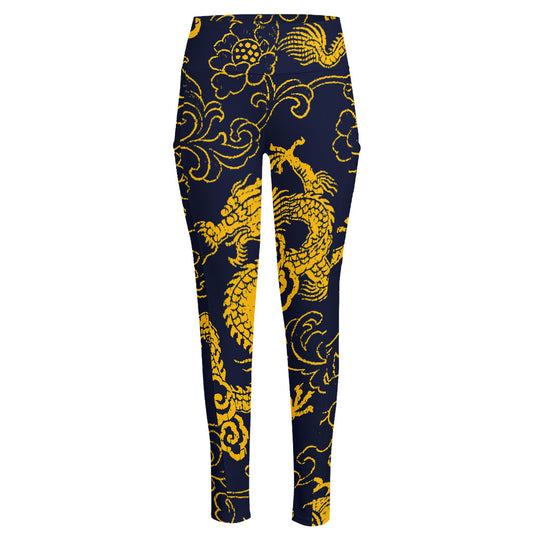 Gold Japanese Dragon Pattern Print High-Waisted Pocket Leggings