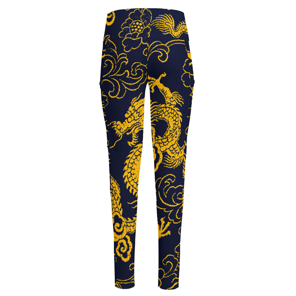Gold Japanese Dragon Pattern Print High-Waisted Pocket Leggings