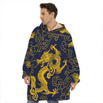 Gold Japanese Dragon Pattern Print Hoodie Blanket