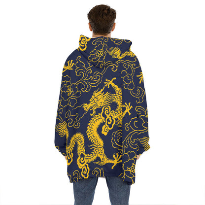 Gold Japanese Dragon Pattern Print Hoodie Blanket