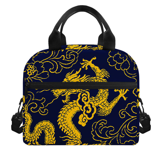 Gold Japanese Dragon Pattern Print Insulated Lunch Bag