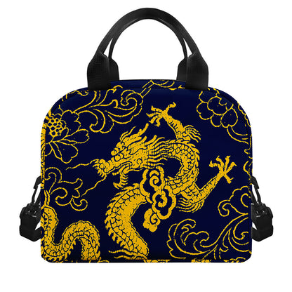 Gold Japanese Dragon Pattern Print Insulated Lunch Bag