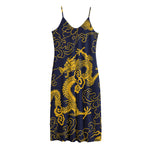 Gold Japanese Dragon Pattern Print Jersey Midi Cami Dress