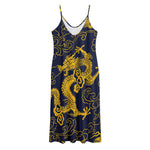 Gold Japanese Dragon Pattern Print Jersey Midi Cami Dress