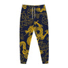 Gold Japanese Dragon Pattern Print Jogger Pants