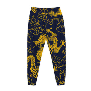 Gold Japanese Dragon Pattern Print Jogger Pants