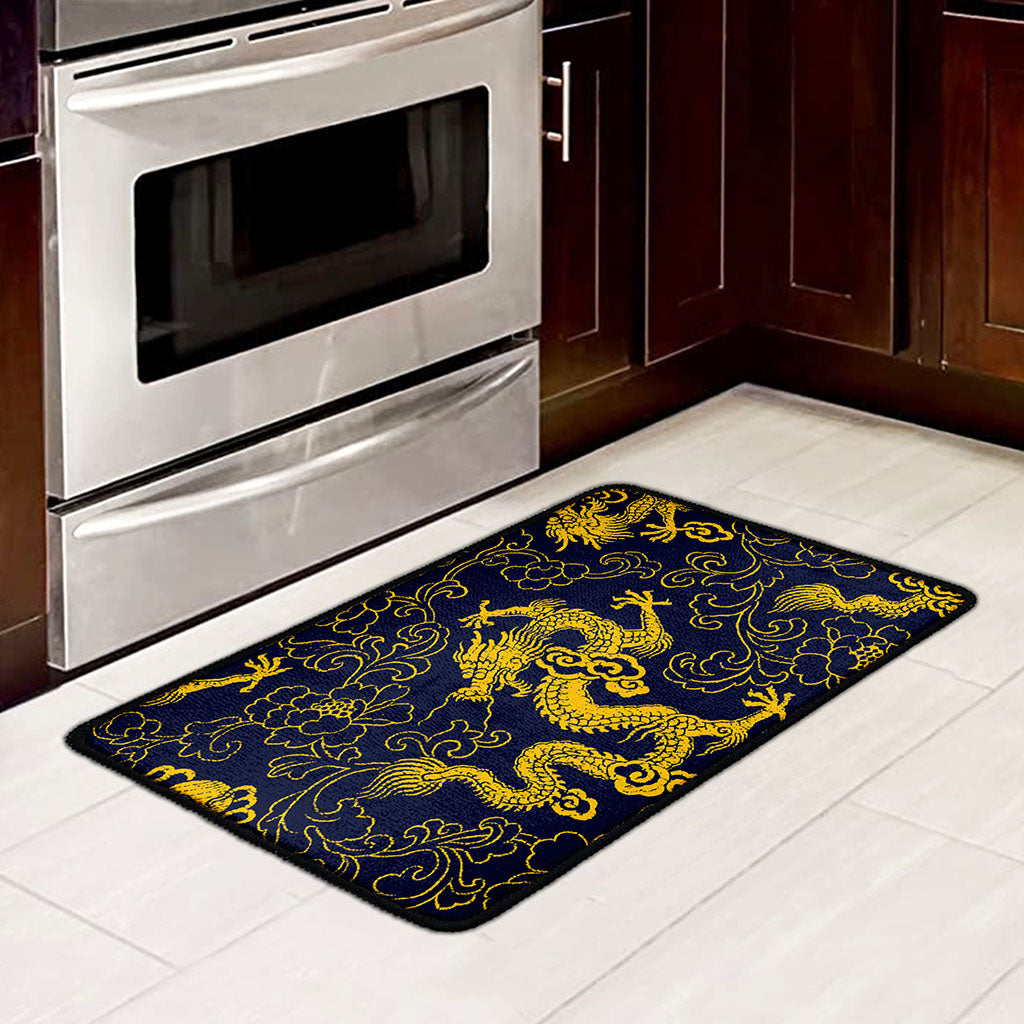 Gold Japanese Dragon Pattern Print Kitchen Mat