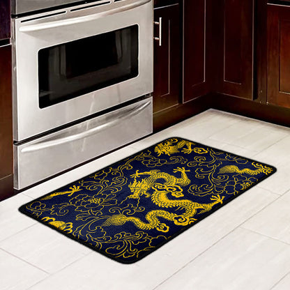 Gold Japanese Dragon Pattern Print Kitchen Mat