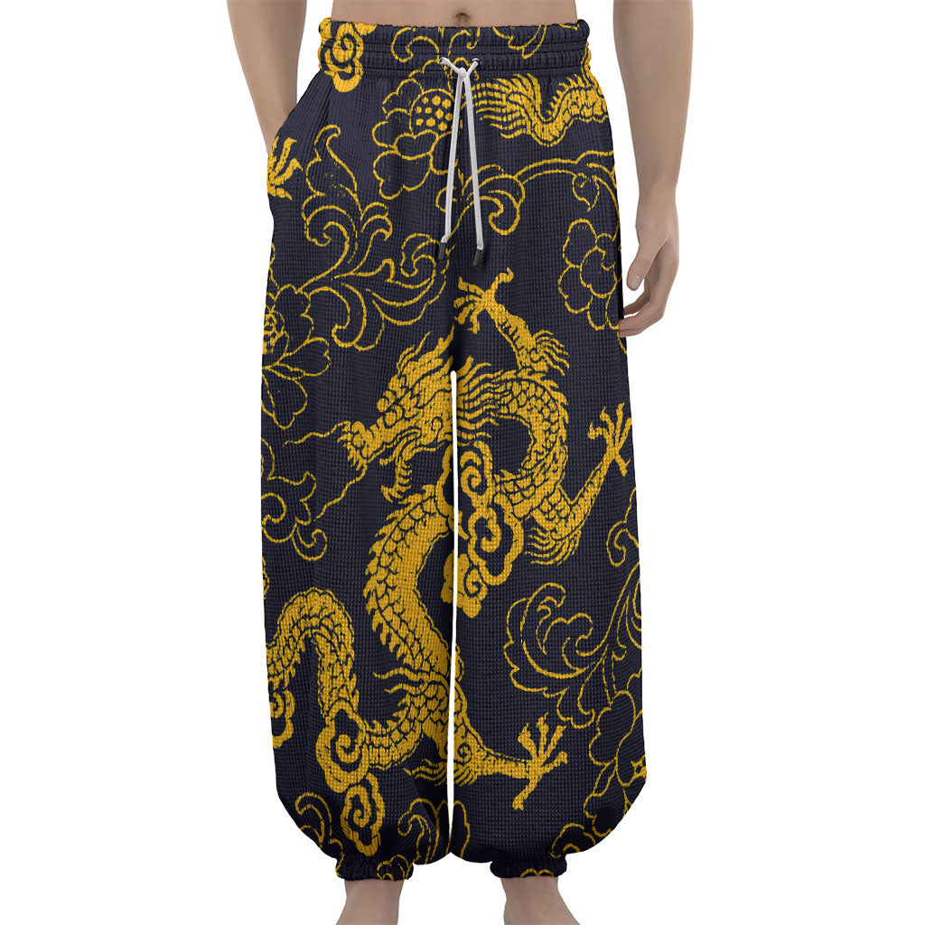 Gold Japanese Dragon Pattern Print Lantern Pants