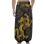 Gold Japanese Dragon Pattern Print Lantern Pants