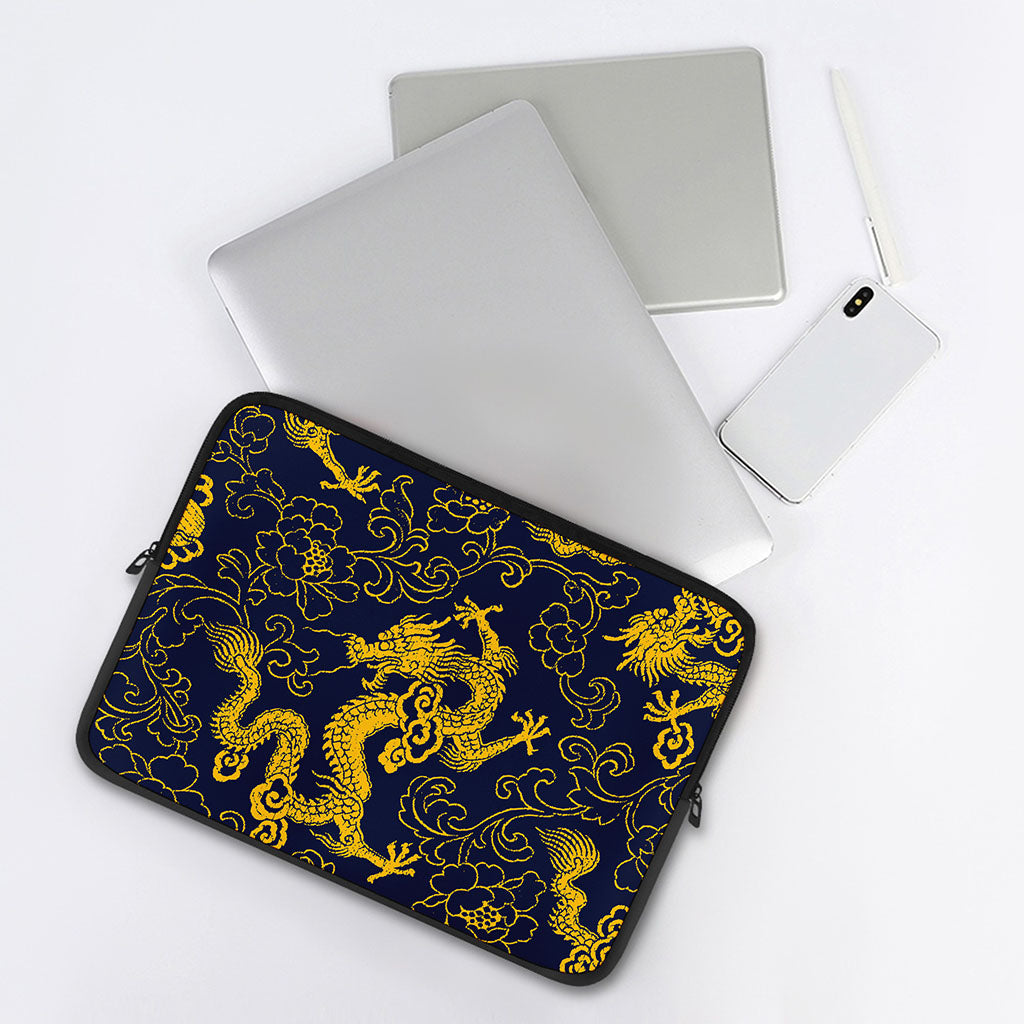Gold Japanese Dragon Pattern Print Laptop Sleeve
