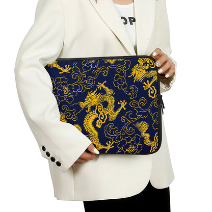 Gold Japanese Dragon Pattern Print Laptop Sleeve