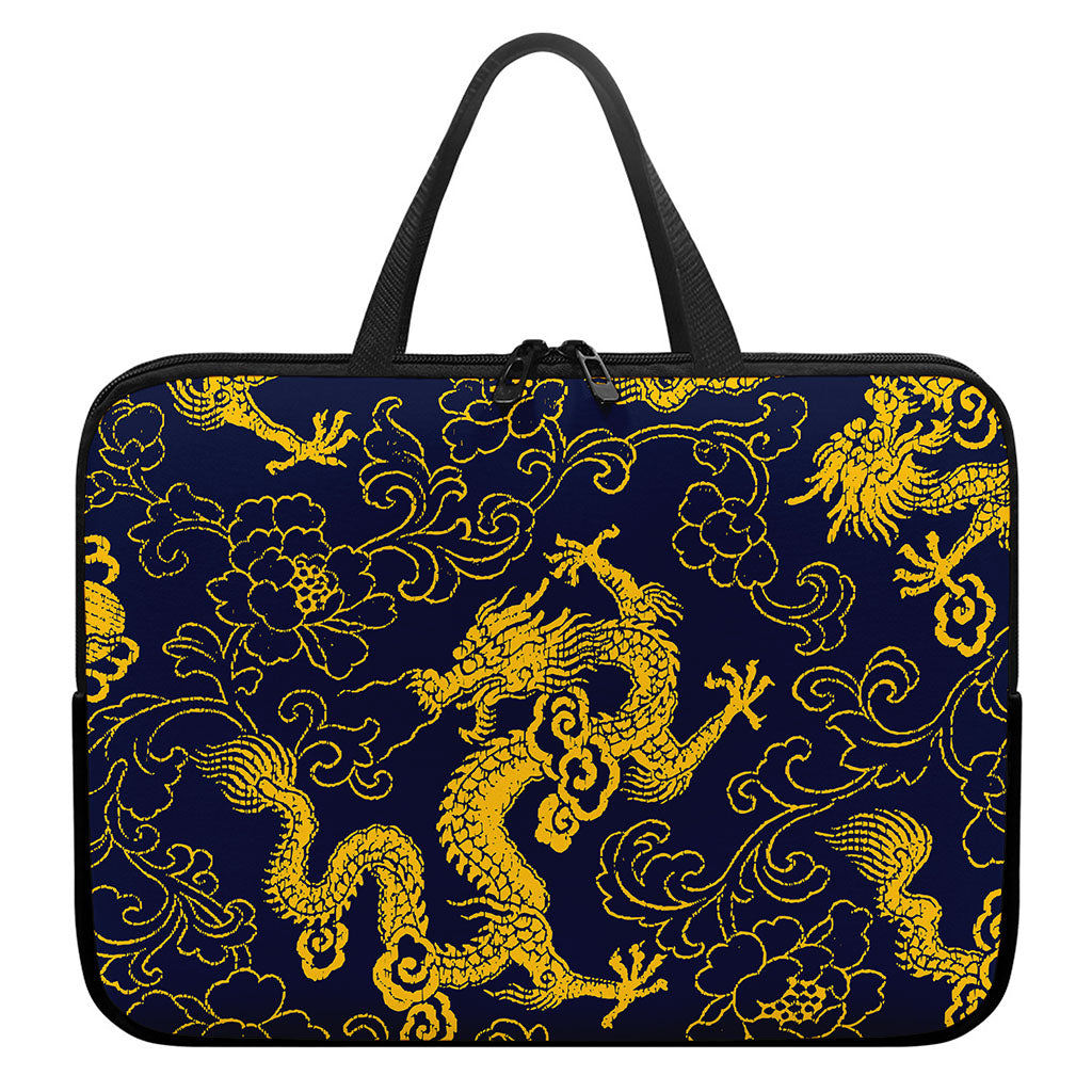 Gold Japanese Dragon Pattern Print Laptop Sleeve With Handle