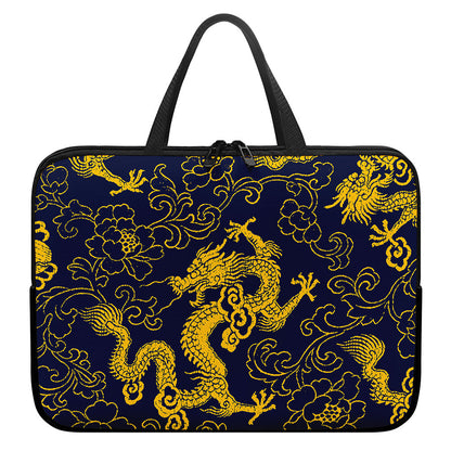 Gold Japanese Dragon Pattern Print Laptop Sleeve With Handle