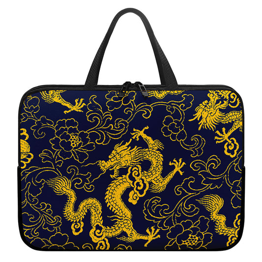 Gold Japanese Dragon Pattern Print Laptop Sleeve With Handle
