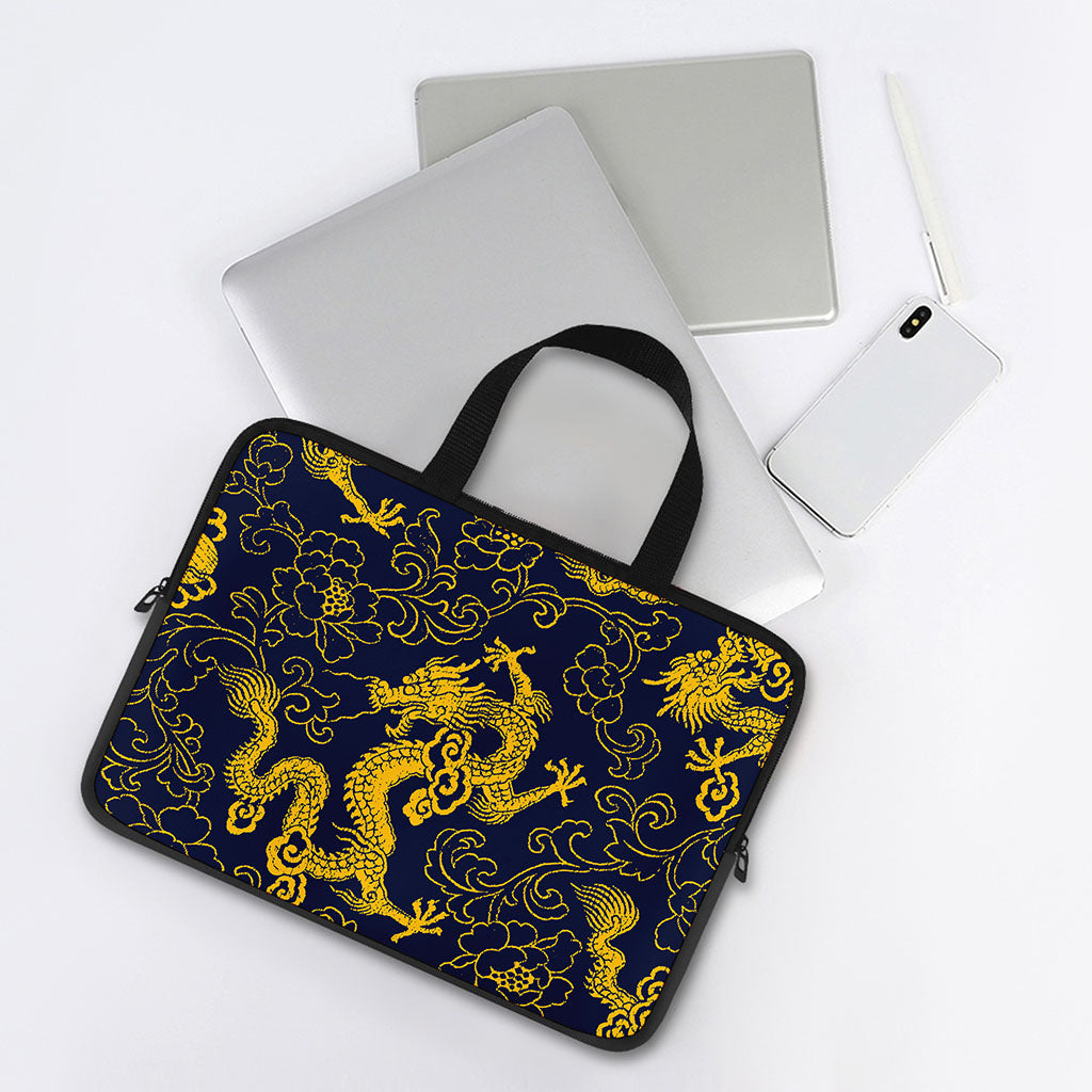 Gold Japanese Dragon Pattern Print Laptop Sleeve With Handle