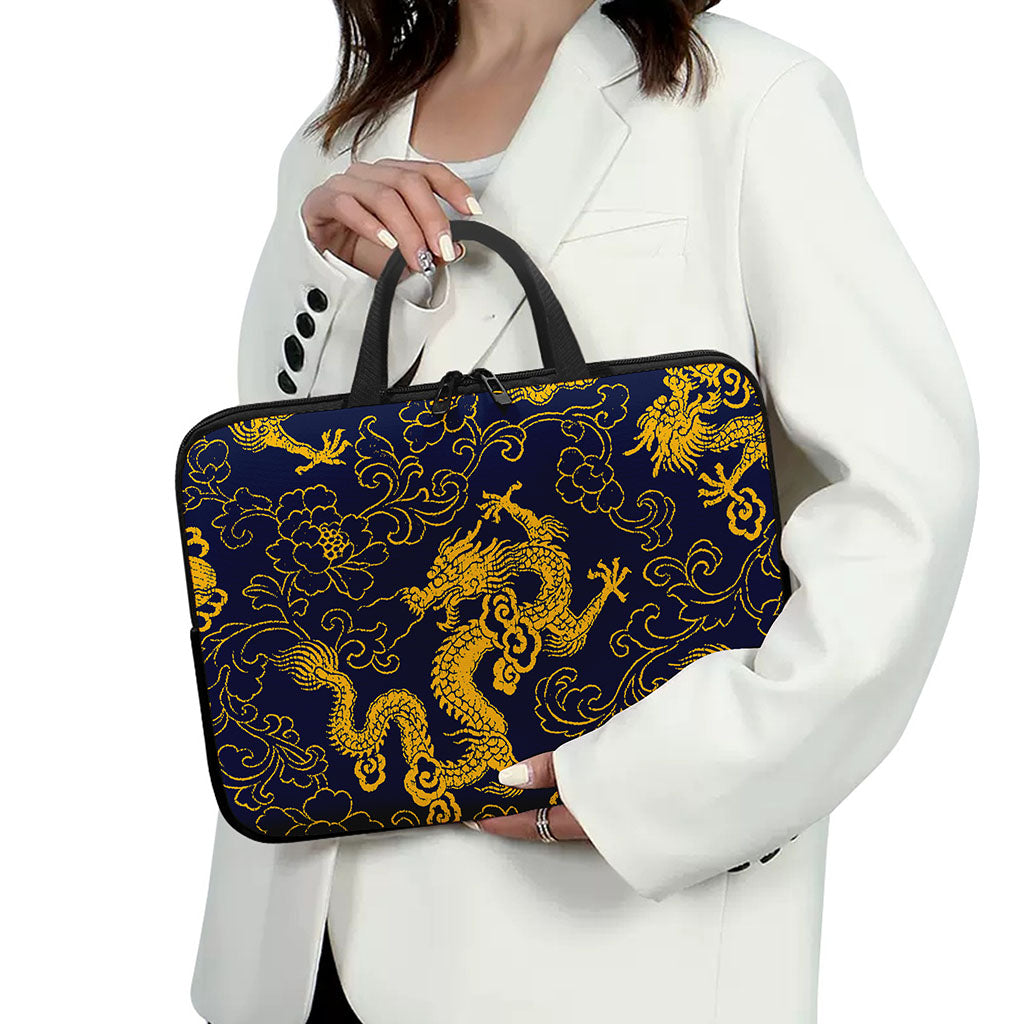 Gold Japanese Dragon Pattern Print Laptop Sleeve With Handle