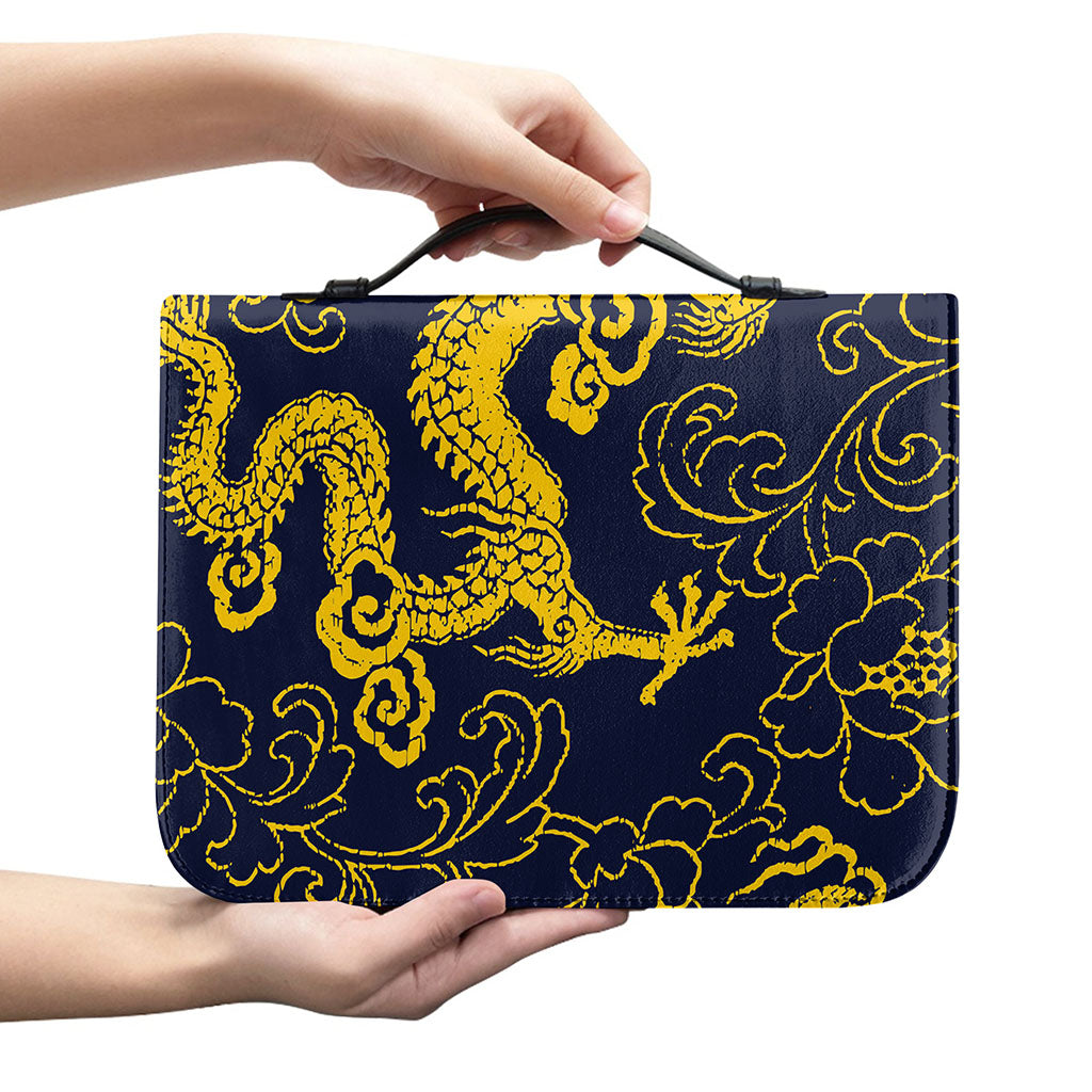 Gold Japanese Dragon Pattern Print Leather Bible Cover