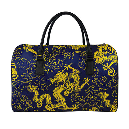 Gold Japanese Dragon Pattern Print Leather Duffle Bag