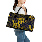Gold Japanese Dragon Pattern Print Leather Duffle Bag