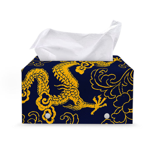 Gold Japanese Dragon Pattern Print Leather Tissue Box Cover